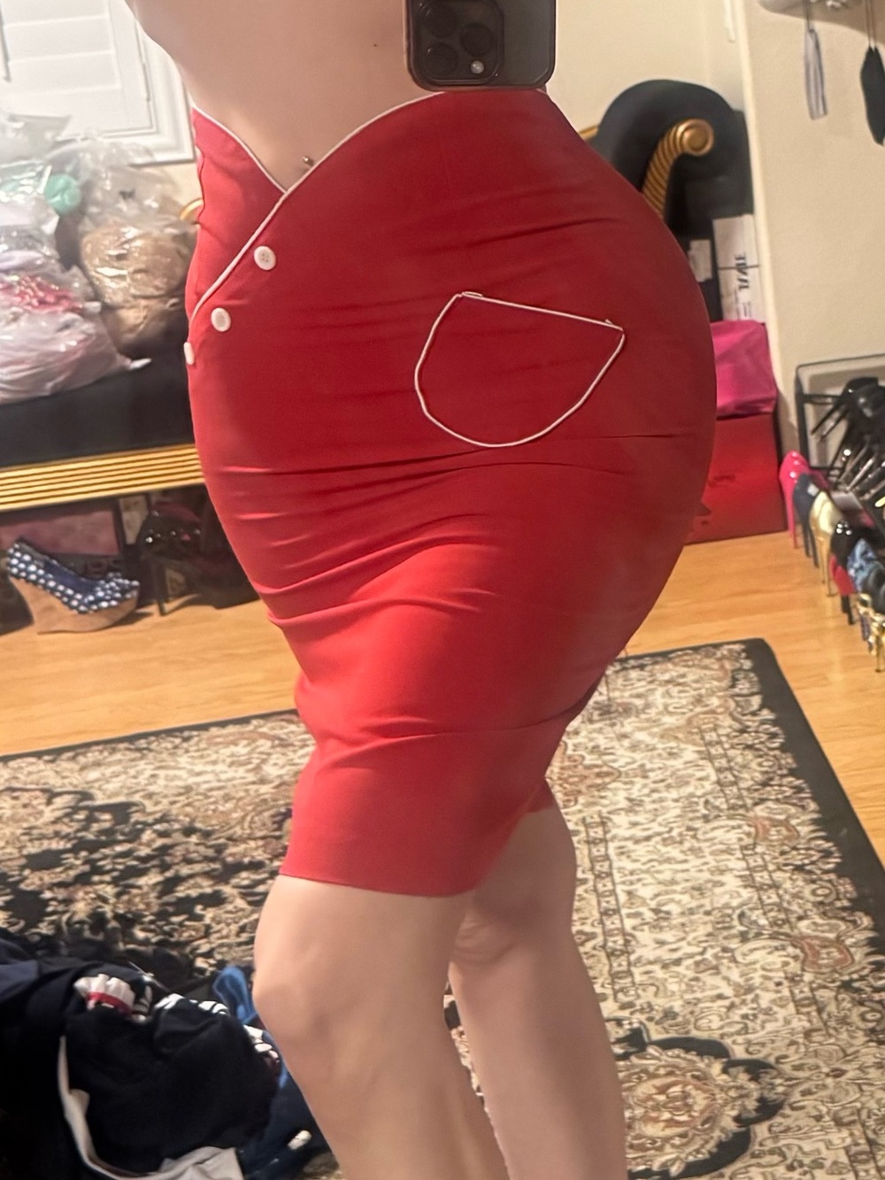 Bettie Page Red Pencil Skirt with White Piping S - Picture 9 of 10